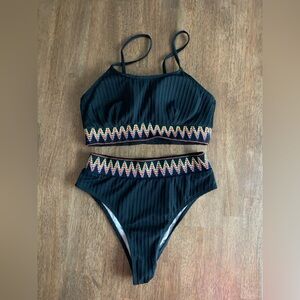 Black Ribbed Two-Piece Bikini with Colorful Chevron Trim